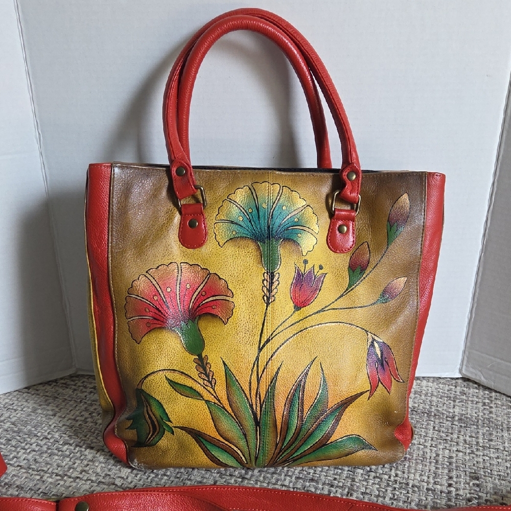 Anuschka Hand Painted Leather Floral Tote Bag Botanical Shoulder Bag
